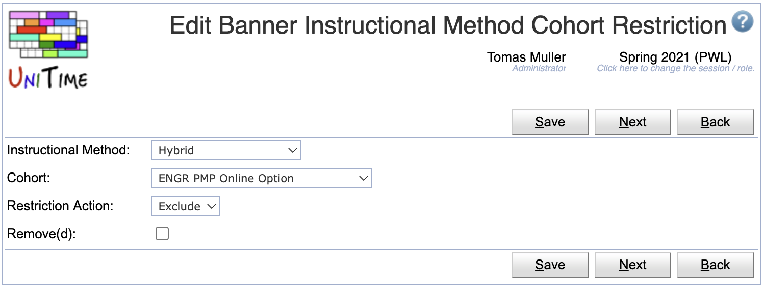 Banner Instructional Method Cohort Restrictions