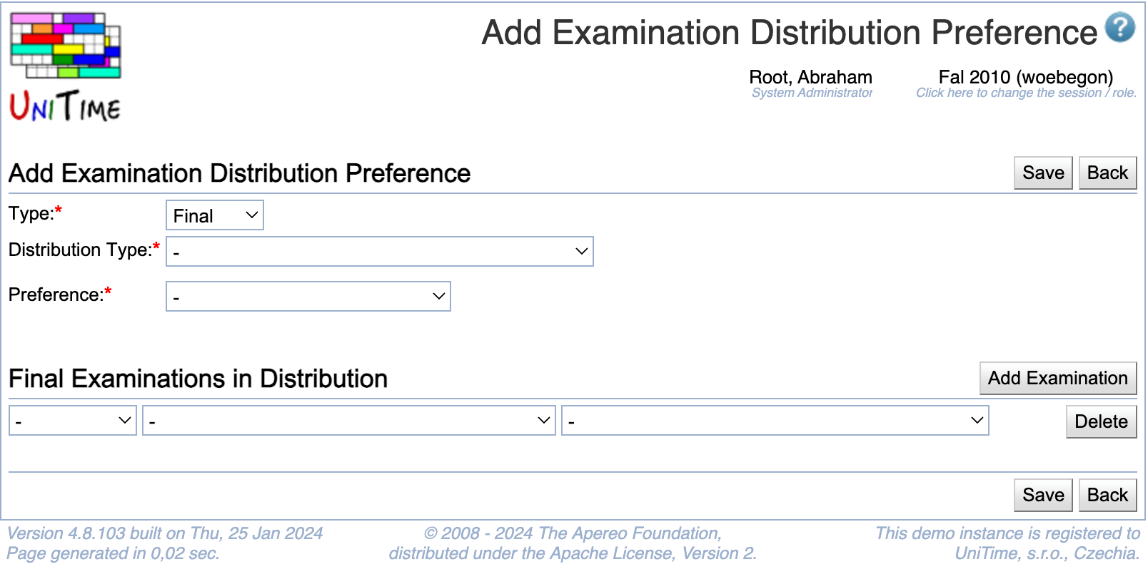 Add Examination Distribution Preference
