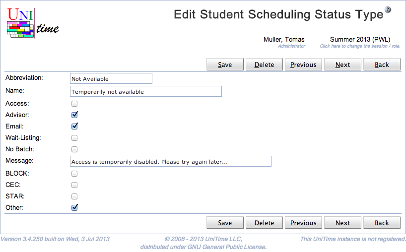 Edit Student Scheduling Status Type